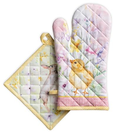 Maison d' Hermine Set di presine e guanti da forno in cotone 100% (19 x 33 cm e 20 x 20 cm) Guanti resistenti al calore con paste per maneggiare padelle calde Primavera Estate (Easter Zest)