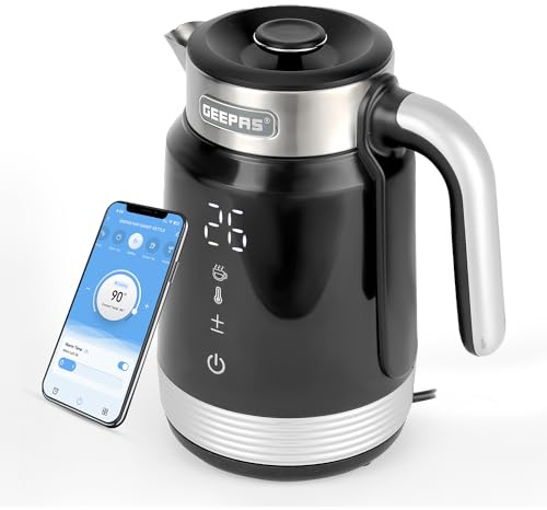 GEEPAS Digital Electric Kettle 1.7L Auto Shut Off Cool Touch 2200W Black | Digital Temperature Control & Display, Stainless Steel, Strix Controller, Wifi Tuya Smart App Control, Rapid Boil