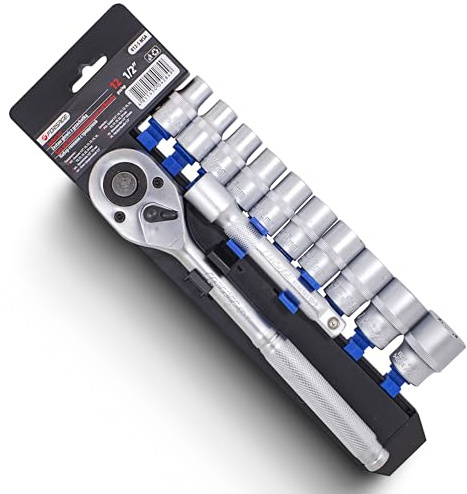 FORSAGE Werkzeug-Set 12-teilig 1/2 mit Ratsche Köpfen 10-24 mm und Verlängerung 125 mm CrV auf stabilem Kunststoffhalter für Auto Lkw Motorrad und Garage