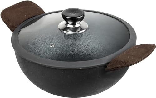 Nobel Non Stick Pre Seasoned Cast Iron Kadai with Glass Lid Naturally Wok for Cooking 100% Pure Toxin Free Safety Sleeve, Rust Proof (Diameter 24 cm)