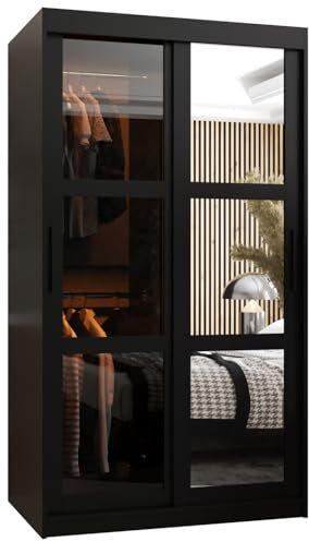 ABIKSMEBLE Dome 2 Armoire à Deux Portes Coulissantes avec Miroir, Barres et Étagères - Armoire de Rangement avec Verre Fumé pour Chambre, Salon - 200x100x62 cm - Noir, Noir, Noir