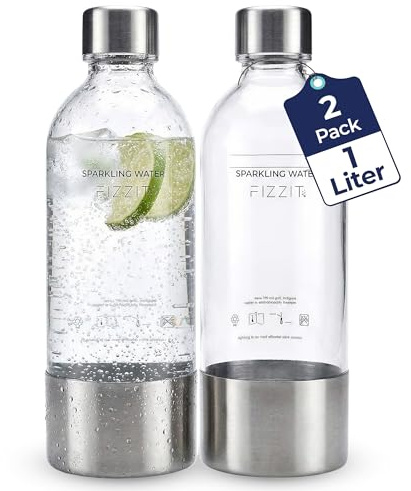 FIZZ IT Value Pack of 2 BPA-Free 1L PET Bottles for Soda Makers, Compatible Most Brands, Hermetically Sealed Caps, Eco-Friendly, Reusable