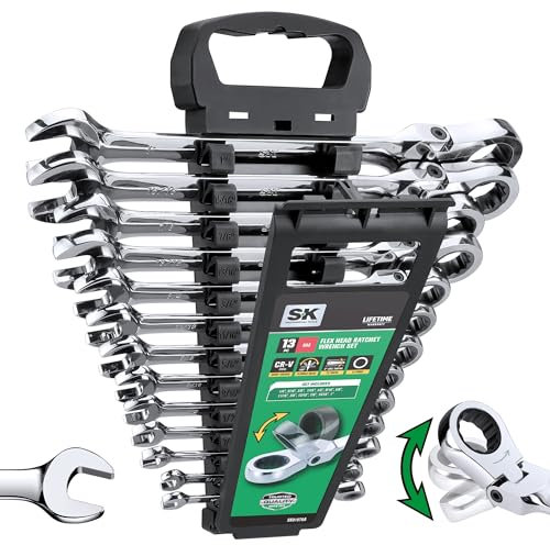 SK Juego de llaves de trinquete Flex-Head, juego de llaves combinadas, 13 piezas, SAE de 1/4 a 1 pulgada, 72 dientes, construcción CR-V premium, con organizador de estante
