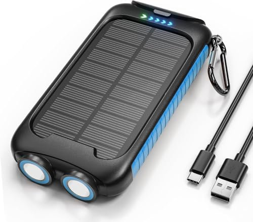 Nuynix Caricatore solare Power Bank, 38800mAh Caricatore portatile del telefono con 1 Type-C e 2 porte USB-A Built-in Dual LED Torcia, 15W Ricarica Veloce Impermeabile Caricatore del Pannello Solare