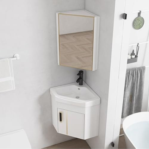 BRCYKRWY Eckwaschbecken-Set Waschbecken Waschtisch Badezimmer Mini Waschbecken Schrank Mit Spiegel Keramik Eckwaschbecken Waschtisch Gäste WC Waschbecken Wandmontage Mit Überlauf