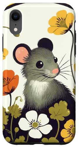 Carcasa para iPhone XR Ratón y flores arte lindo roedor
