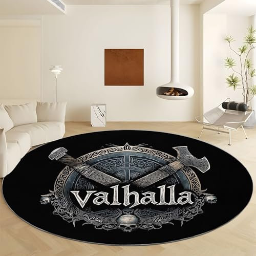 Round Anti-slip Area Rug 160 cm, Viking Art Rune Axe Printed Decor Low Pile Rug - Black Circle Non-Slip Carpet - Pet & Child Friendly Carpet for Living Room Bedroom