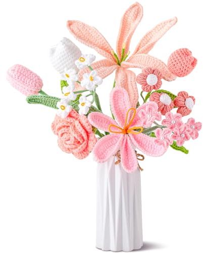 9 Pcs Handmade Crochet Flower Bouquet Completed Crochet Tulips Rose Forget-me-not Lily Flower Knitted Artificial Bouquet with Leave and Long Stem for Mother's Day Wedding Anniversary Home Spring Decor