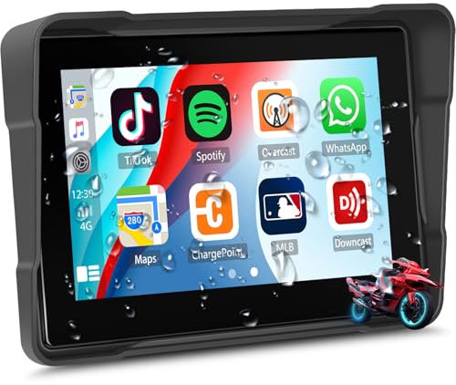 Tragbarer Motorrad-Carplay-Bildschirm mit drahtlosem CarPlay Android Auto, 5-Zoll IP67 wasserdichter Motorrad-GPS-CarPlay-Bildschirm unterstützt Bluetooth, Mirrorlink, EQ, TF Port, Siri