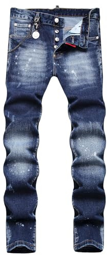 Kdtoll Y2K - Pantalones vaqueros para hombre Slim Fit – Pantalones de mezclilla elásticos con colgantes, Y2K Streetwear con salpicaduras de tinta, estilo Hip-Hop Casual
