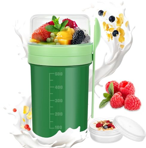 Overnight Oats, Pot yaourt avec Couvercle et CuillèRe, Verres à Flocons d’avoine pour la Nuit, 250+550 ml Tasse à Yaourt Réutilisable, pour céréales à emporter, yaourt, avoine, lait, fruits (Vert)