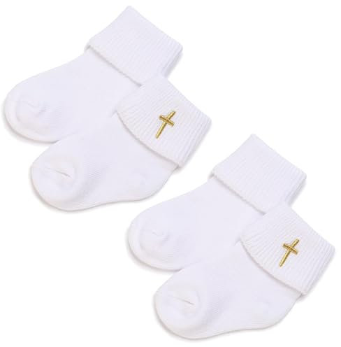 YcsRnn 2 Pairs Newborn Socks, Baby Socks with Grips - Unique Baby Shower or Newborn Gift - White Turn Cuff Christening Cotton Sock With Cross Embroidery for Boys Girls (0-12 Months)