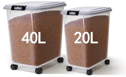 Nobleza - Futterbehälter für Haustiere, 20 L+40 L, für Haustiere, Lebensmittelbox mit Rädern, Klappdeckel, Luftdicht, Transparent, Rollen und Schaufel, für Hunde und Katzen, Grau