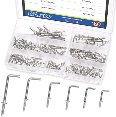 GLARKS Lot de 120 crochets à vis en forme de L argentés de 1/2, 5/8, 3/4, 7/8, 1, 3-1/4, crochets à angle droit en acier au carbone, crochet autotaraudeuse à coude carré pour tasses, lumières et