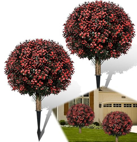 THKFUL Fall Artificial Boxwood Topiary Ball Tree for Front Door,Fake Plants Ball Outdoor Set of 2,UV Resistant Faux Shrubs Evergreen with Stake for Outdoor Indoor Autumn Halloween 17 D