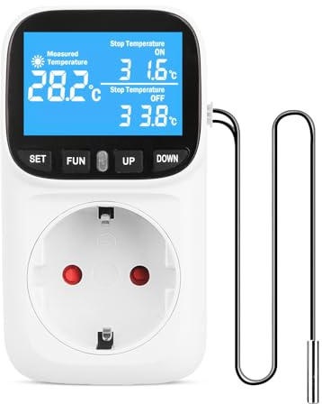 Digitaler Temperaturregler Steckdose 230V mit Fühler, Heizen Kühlen Thermostat Steckdose, Steckdosenthermostat mit Zeitschaltuhr Alarm für Gewächshaus Aquarium Terrarium Reptilien