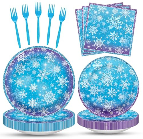 100 Pcs Snowflake Winterland Tableware Party Supplies Set, Serves 25 – Disposable Snowflake Paper Plates, Napkins, and Forks, Winter Dinnerware for Christmas, Birthday, and Baby Shower Decorations