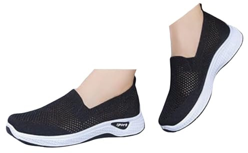 Xbemkste fritidsskor, dam, slip-on, sneakers, mesh, andas, bekväma, traditionella skor, sommarskor, platta skor, lätta sneakers, avslappnade promenadskor, svart, 40 EU
