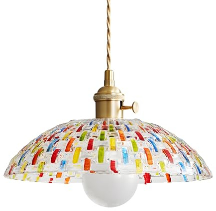 HJXDtech Vintage Bunt Glas Pendelleuchte mit Mosaikmuster, Höhenverstellbare E27 Hängelampe mit Schalter, Einziger Kronleuchter für Wohnzimmer, Kücheninsel & Esstisch (30cm)