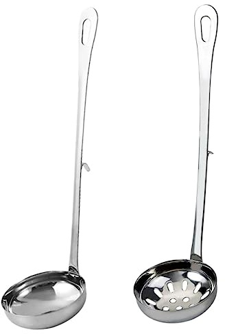 POPETPOP Cucharas Coladoras y Cucharón De Acero Inoxidable Con Gancho, 6 Cm, Resistentes Al Calor, Para Cocina y Servicio De Sopas, Juego De 2 Piezas Para Hogar y Restaurante