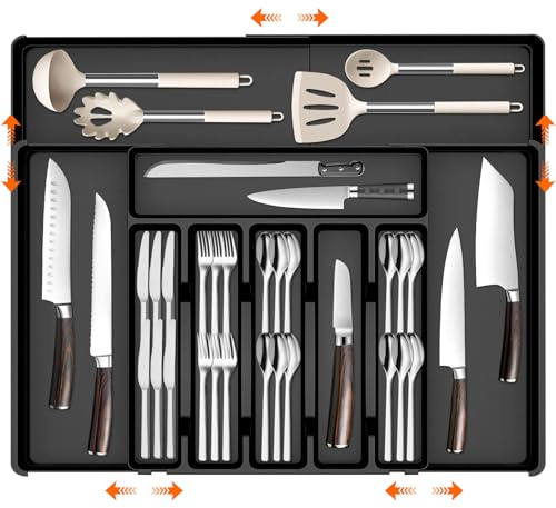 TEBOKHAD Organizador de Cubiertos, Organizador Cubiertos Expandible Para Cajon Con 10 Compartimentos, Bandeja Cuberteros para Cajon Cocina, Compacto para Cucharas Tenedores Cuchillos