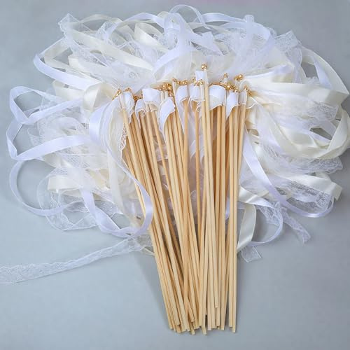 LIULINY 30 Pezzi Bacchette Magiche per Matrimonio, Bacchette Matrimonio con Campane, Bastoncini di Pizzo Romantiche, Riutilizzabile Wedding Wands per Decorazioni di Nozze Compleanno Feste (Bianco)