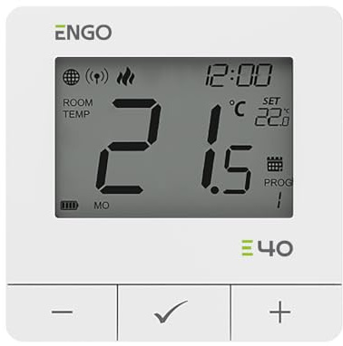 ENGO E40 Programmable Smart Room Thermostat Zigbee Radiator 230V White | Runs up to 6 ENGO radiator valve heads or a wet underfloor zone. App control needs ENGO E-Gate Pro gateway, sold separately