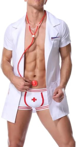 FOCICE Herren Sexy Arzt Kostüm Set – 3-teiliges Reizwäsche Outfit mit Mantel, Boxershorts und Stethoskop, Rollenspiel Dessous für Party, Bühne und Cosplay