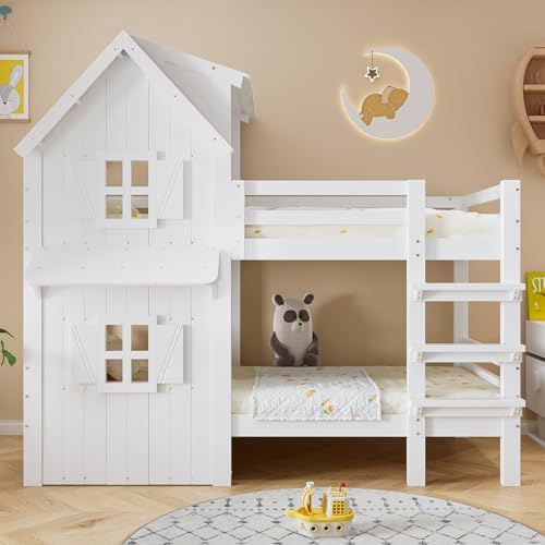 Merax Etagenbett 90x200 cm aus Kiefer und MDF, modernes Bettgestell mit Stauraum, skandinavisches Design, Weiß, ohne Matratze
