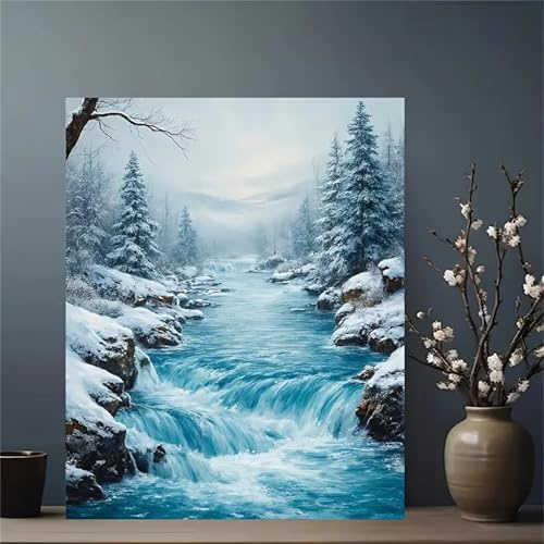 Winterliche Flusslandschaft Malen Nach Zahlen Kit,mlen nach zahlen Für Erwachsene Anfänger Ohne Rahmen DIY Paint by Numbers auf Leinwand mit Pinseln Acryl Ölgemälde für Home Wand Dekoration 60x75 cm