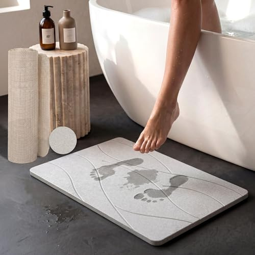 FALLCON F® Alfombra Diatomita Baño Premium 60x40 cm | Secado Rápido Instantáneo 15S | Alfombrilla Diatomita Antideslizante y Super Absorbente | Alfombra Baño Piedra Diseño Mejorado