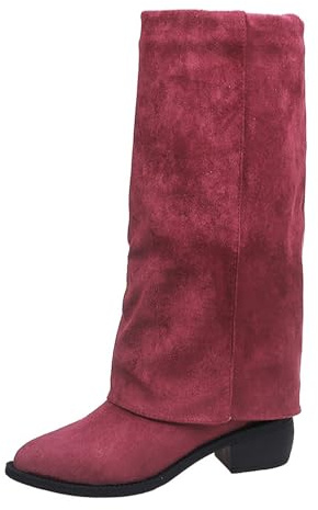 Knähöga stövlar dam med blockklack, vida stövlar dam vikbar över vinterstövlar spets cowboystövlar retro damstövlar bekväma slip-stövlar casual skaftstövlar läder halvstövlar, röd, 37 EU