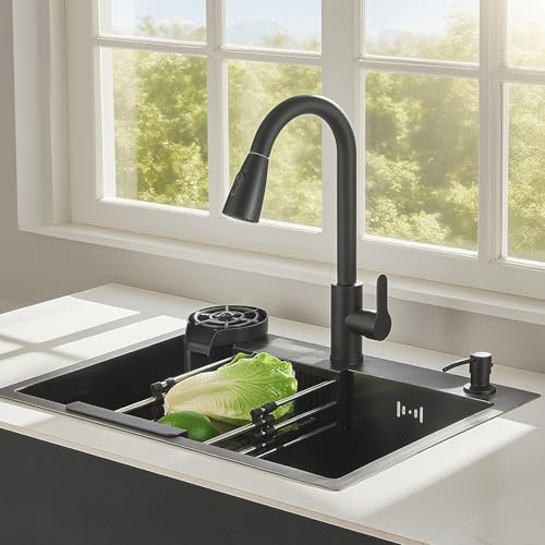 Harnart Evier de cuisine Acier inoxydable 304 Evier de cuisine avec robinet extensible Set de robinetterie Machine à laver les tasses 60 * 45 * 21 CM,Noir