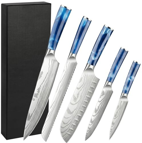 Gustrug Set de 5 Couteau de Cuisine - Style Japonais, Couteau Cuisine en Acier Inoxydable à Haute Teneur en Carbone,Lames Ultra-Tranchantes & Manches Ergonomiques - Idée Cadeau avec Coffret Inclus