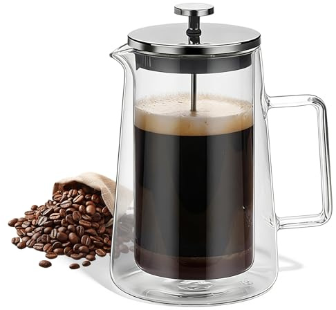 BYZESTY 1000 ml French Press kaffebryggare, kaffepress tillverkad av rostfritt stål filter, kaffebryggare Fransk press, dubbelväggigt värmebeständigt glas, för kaffe och te