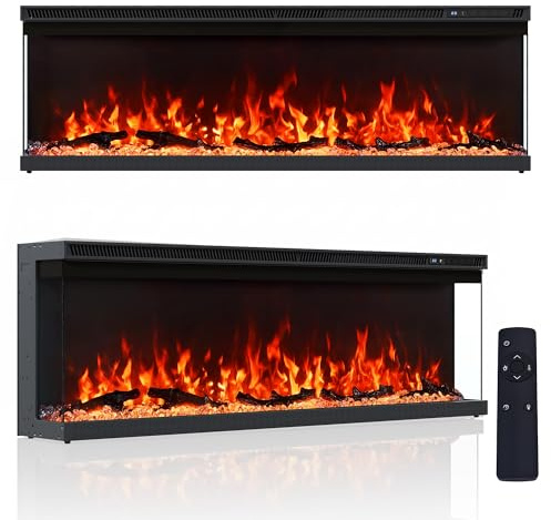 LUXOAK 127.2 CM/50 Inch Electric Fireplace, Wall Mounted, Recessed, Freestanding, 3-Sided Viewing, 12 LED Flame Colours, Crystal & Log Fuel Bed, 900W & 1450W Heater, Overheat Protection, Black