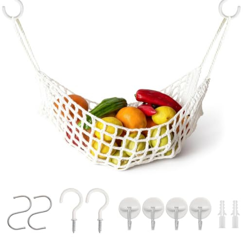 Obstkorb Hängend, Obstnetz zum Aufhängen mit 8 Haken, Hängekorb Küche Makramee aus Baumwolle, Boho Stil, für Obst und Gemüse Aufbewahrung, Unter Schrank, Wohnmobil, Zuhause, Platzsparende, Weiß