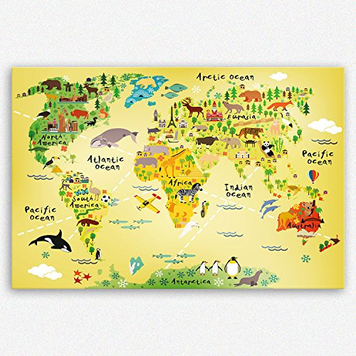 ge Bildet Bild auf Leinwand | Weltkarte für Kinder - Gelb - bild für kinderzimmer in 120x80 cm als Wandbild XXL | Wand-deko Dekoration Wohnung modern Bilder | 1465II