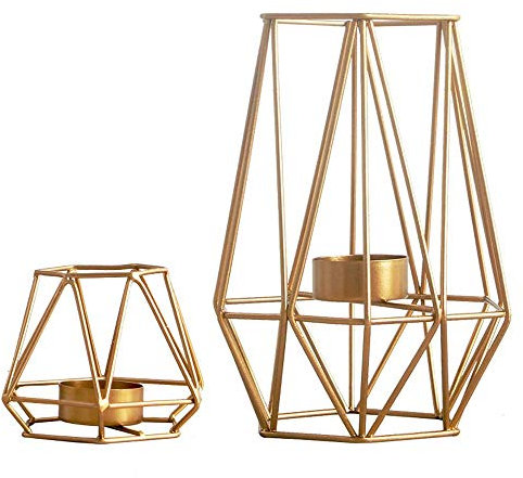 Nuptio 2 Piezas Candelabro de Línea Geométrica de Hierro, Portavelas Tealight, Decoración de Mesa