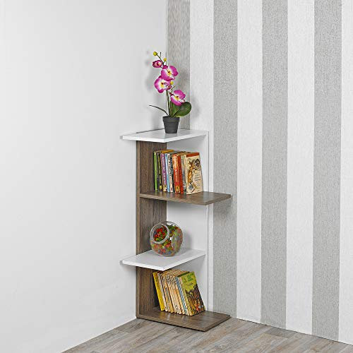 URBNLIVING Wooden Modern Free Standing Display Corner Bookcase (White+Oak, 3 Tier)
