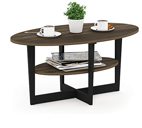 Furinno JAYA Coffee Table, 2-Tier Round Modern Coffee Table with Oval Tabletop, Side Table with Open Shelf, for Living Room, Bedroom, Home Office, Columbia Walnut