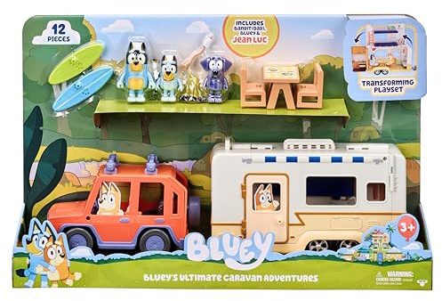 Bluey Ultimate Caravan Adventures 2,5-3 tum husvagn och tre figurer set och 4WD familjefordon med 2 surfbrädor