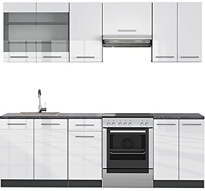 Vicco Küchenzeile Fame-Line, Weiß Hochglanz/Anthrazit, 240 cm | 7 Module · Höhenverstellbare Füße · Ohne Arbeitsplatte · MDF-Fronten · Softclose · Metallgriffe