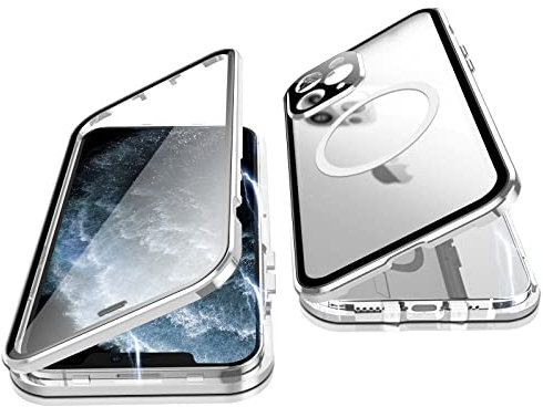 Jonwelsy Hülle für iPhone 11 Pro, 360 Grad Beidseitig Schutz Kompatibel mit Magsafe Magnetische Adsorption Metallrahmen Case Vorne Glas Hinten Frosted PC Cover Handyhülle für 11 Pro 5,8 (Silber)