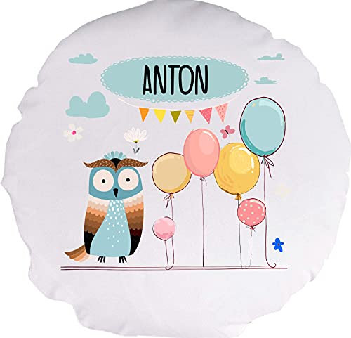 Kleckerliese Baby Kinder Kissen Kissenhülle Tiere Motiv, Eule mit Wunschname Balon Wolken, 40 cm Farbe Weiß mit Füllung