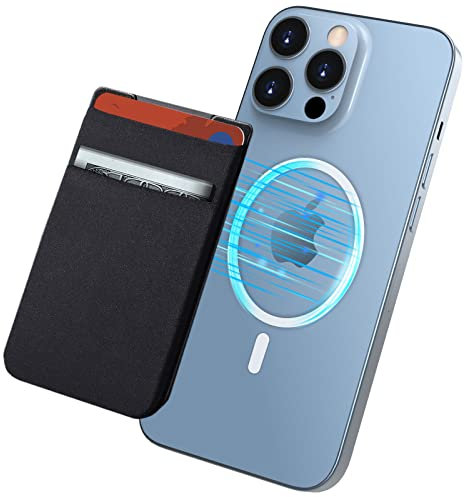 imluckies Cartera Magnética Compatible con la Cartera MagSafe Diseñada para iPhone 16 15 14 Pro MAX/Pro/Plus, Doble Bolsillo de Tela Elástica para 13/12 Pro MAX Mini, Negro