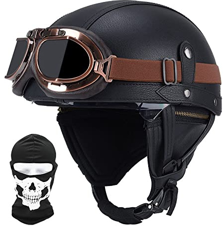 Retro Moto Casco Mezzo, Vintage Motorcycle Casco, Certificazione DOT/ECE, Occhiali Da Sole Incorporati, Con Passamontagna Maschera, Materiale ABS, Fodera Traspirante, Con Occhiali