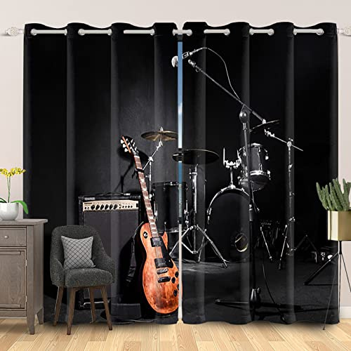 SDOTPMT 42x84inch Acoustic Guitar Window Curtain Guitar Drum Pop Musical Instruments Window Drapes Love Music Black Window Treatment for Living Room Bedroom Blackout Curtains, 2 Panels