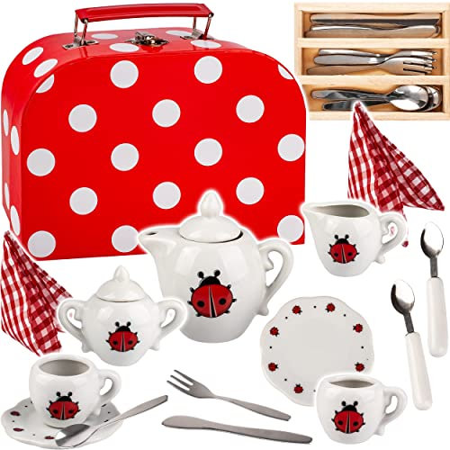 alles-meine.de GmbH 27 TLG. Set Picknick Koffer - Puppengeschirr/Teeservice & Kaffeeservice + Besteckset - Marienkäfer & Punkte - Geschirr Porzellan/Keramik - Porzellangesc..