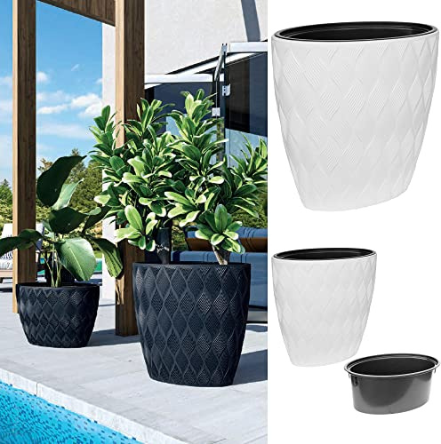 YULKA Großer und dekorativer Blumenübertopf mit herausnehmbaren Einsatz 2in1, 3D-Textur, Ellipse | Blumenkübel Blumentopf | für draußen und innen, frostbeständig | Farbe: weiß